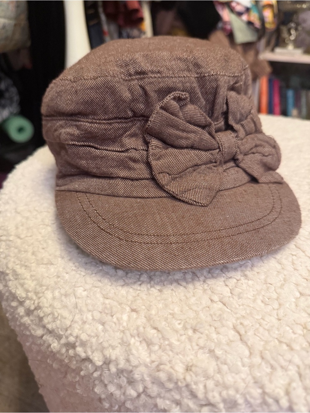 Brown Ruched Cadet Cap Military Hat Rosette Flower Newsboy One Size